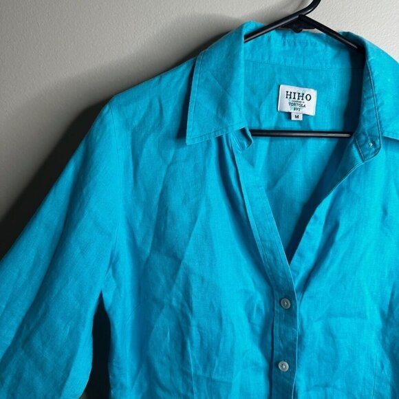 Hiho Designed in Tortola Button Up Top Womens Sz M Turquoise 100% Linen Coastal - Picture 3 of 11